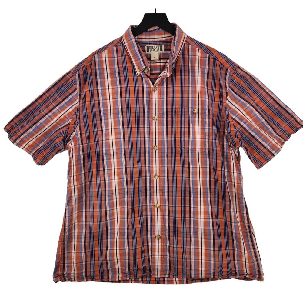 Duluth Trading Co Men's 100% Cotton Shirt XL Short Sleeve Button Up Orange Plaid